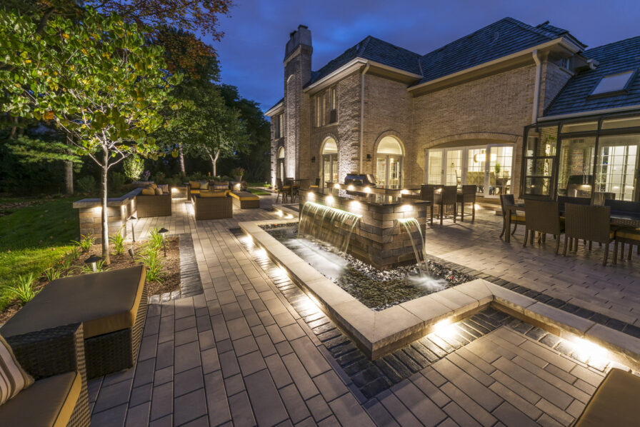 Water Feature Backyard Lit Exterior